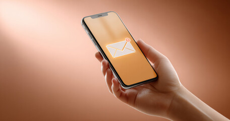 Close-up of a hand holding a smartphone displaying a new email notification icon on a warm brown gradient background