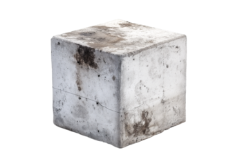 Weathered concrete cube with dark stains and visible cracks against a white background isolated on a transparent background