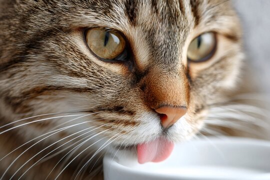 Tabby cat drinking milk from bowl with tongue