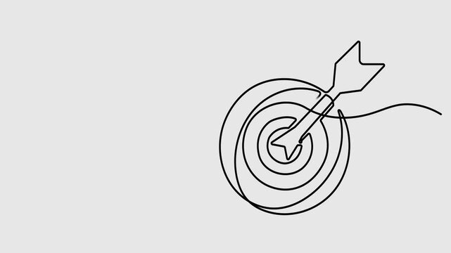 Animation video Continuous one line drawing of arrow in center of target. Strategic marketing or business concept, Arrow hitting target center, Single line drawing animation, Goal achievement minimal.