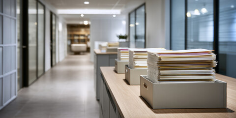 Stacks of organized paperwork and files in trays on desk with blurred modern hallway background
