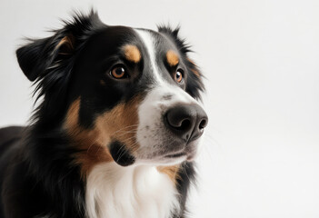Fototapeta premium Dog with black, white, and tan fur looking intently