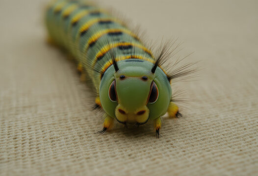 Close-up of striped caterpillar on woven fabric