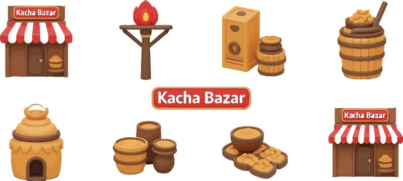 Kacha Bazar marketplace stalls and goods, traditional village shopping scene, rural commerce illustration
