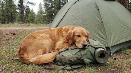 Relaxed dog resting outdoors on camping gear beside green tent