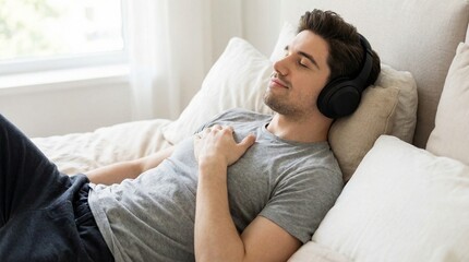 Young man relaxing while listening to music on headphones in bed