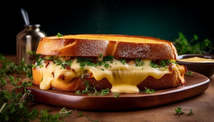 Delicious French Dip Sandwich With Melted Cheese And Fresh Herbs