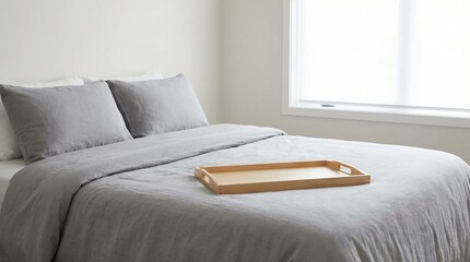 Minimal bedroom interior with grey linens and wooden tray in soft daylight