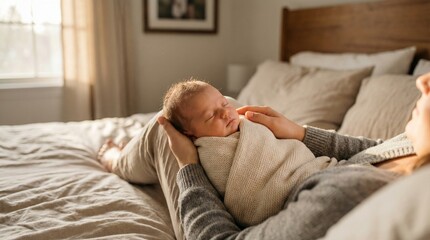 Parent holding sleeping baby with calm mood in cozy bedroom