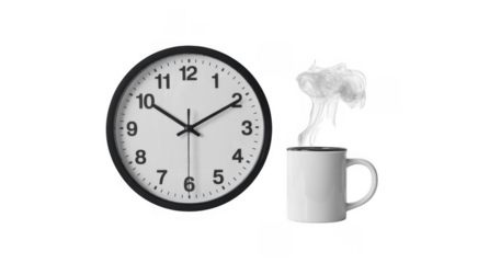 Clock and steaming coffee cup white clock isolated on a transparent background