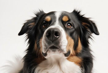 Fototapeta premium Dog with black, white, and tan fur looking intently at the camera