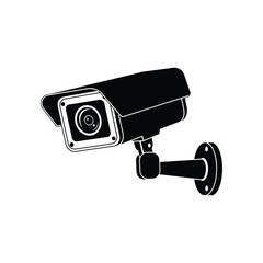 A black and white illustration of a security camera mounted on a wall bracket