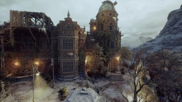 historic hotel facade glowing with warm windows. tall carved eaves, welcoming porch lanterns, snowdusted roofline, implied innkeeper hospitality and roaring