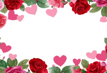 Red and pink roses with hearts border design elements isolated on a transparent background red roses