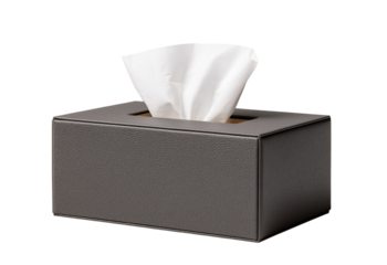 Dark gray rectangular leather tissue box with white tissues emerging from the top isolated on a transparent background