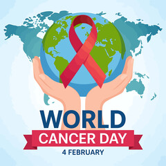 World cancer day poster with globe and ribbon on february 4th