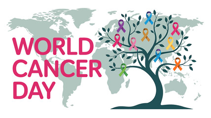 World cancer day poster with colorful ribbons on tree branches representing global unity against cancer