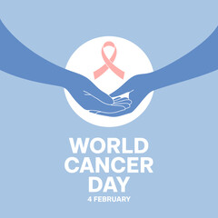 World cancer day poster with pink ribbon and supportive hands on blue background
