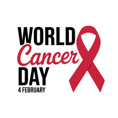 World cancer day poster with red ribbon on white background, celebrated on 4 february every year