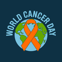 World cancer day poster with orange ribbon and globe illustration on dark blue background