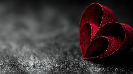 Minimalist Valentine's Day concept, single red accent on deep black background, elegant red heart shaped object or abstract red shape, strong contrast, clean composition