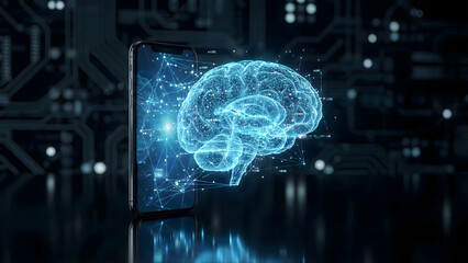 Digital artificial intelligence concept with a glowing neural brain emerging from a smartphone screen. Represents machine learning, mobile AI technology, and deep data processing.