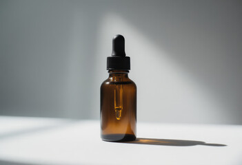 Fototapeta premium Amber glass dropper bottle with clear liquid against a light background