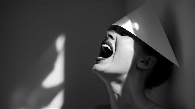 A woman screams with intense anguish, mouth wide open, head tilted back, a paper cone covering her eyes. Monochrome light and shadow create dramatic emotional despair on a plain wall.