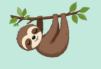 Fototapeta premium Sloth hanging from tree branch with green leaves