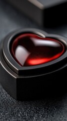 Minimalist Valentine's Day concept, single red accent on deep black background, elegant red heart shaped object or abstract red shape, strong contrast, clean composition