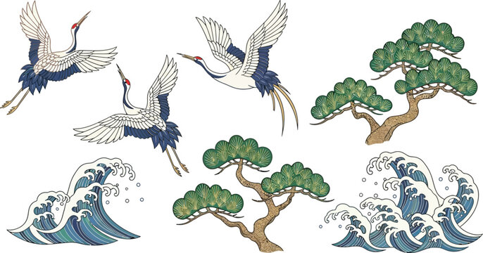 Japanese style cranes flying with pine trees and powerful ocean waves design elements for tradition