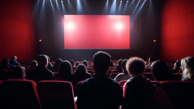 Wide-angle shot of a dimly lit cinema with red seats, focusing on the large screen. Captures the anticipation of a video about to start. Live desktop wallpaper.