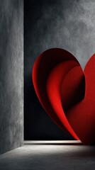 Minimalist Valentine's Day concept, single red accent on deep black background, elegant red heart shaped object or abstract red shape, strong contrast, clean composition