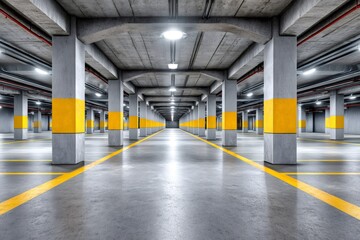 Underground concrete parking garage with yellow markings and lights