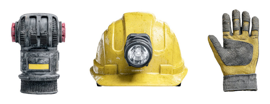 Safety Equipment Kit Concept for Operational Site Use Featuring Helmet, Light, and Gloves