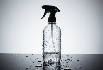 Clear Spray Bottle with Water Droplets on Reflective Surface
