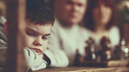 Obraz premium A sad child sits at a table in the foreground, emotional loneliness and vulnerability, parents quarreling in the background out of focus, a tense atmosphere of family conflict