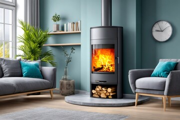 Naklejka premium Cozy living room with modern wood burning stove providing warmth