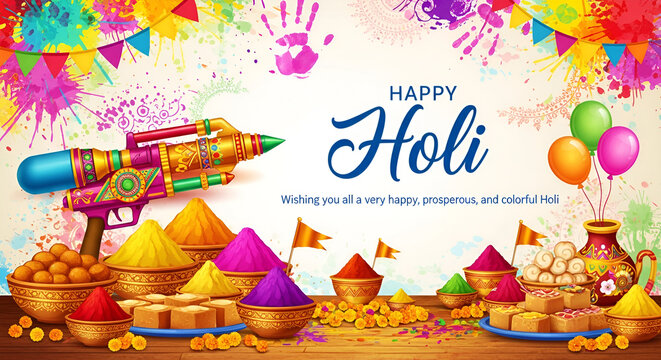 Happy Holi Festival Greeting with Colorful Paint Splashes and Vector Typography - Powered by Adobe