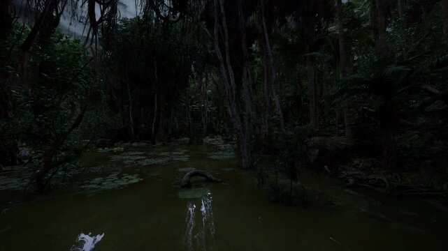 Ancient bog soaked in dusk light with thick peat water, knotted roots and scattered lily patches, deep shadows and damp air evoke timeless, primeval nature mood
