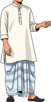 Man in white kurta and lungi standing gesturing invitingly, traditional Indian attire and culture illustration