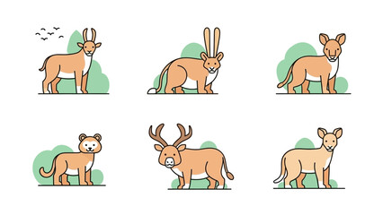 Cute Cartoon Animals Collection: Deer, Rabbit, Lion, Bear, Antelope Icons © Kamim