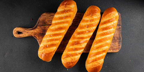 Fresh bun for hot dog natural baked goods soft ingredient appetizer fresh tasty table setting gourmet food background on the table rustic food top view copy space