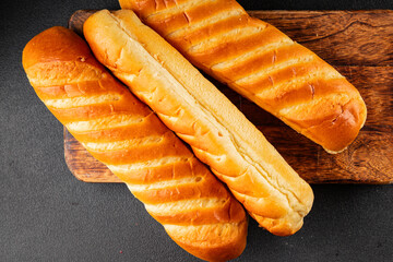 Fresh bun for hot dog natural baked goods soft ingredient appetizer fresh tasty table setting gourmet food background on the table rustic food top view copy space