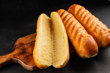 Fresh bun for hot dog natural baked goods soft ingredient appetizer fresh tasty table setting gourmet food background on the table rustic food top view copy space