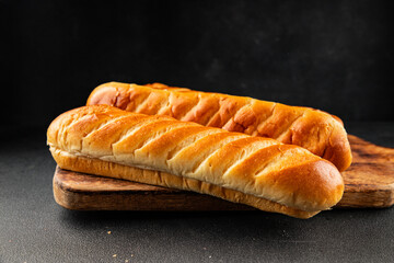 Fresh bun for hot dog natural baked goods soft ingredient appetizer fresh tasty table setting gourmet food background on the table rustic food top view copy space