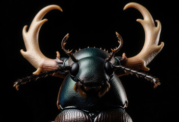 Fototapeta premium Close-up of a Beetle with Antler-like Protrusions on Black Background