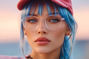 Fototapeta premium Young woman wearing glasses with blue hair