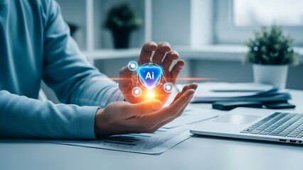 Man holding glowing blue heart with ai letters on desk with laptop and papers in modern office