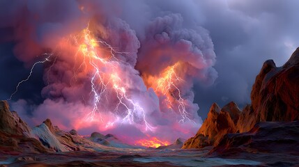 Fototapeta premium Dramatic Lightning Storm Over Volcanic Landscape with Dark Clouds